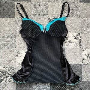 y2k scene emo black teal blue pinstripe corset bustier top — size 34B